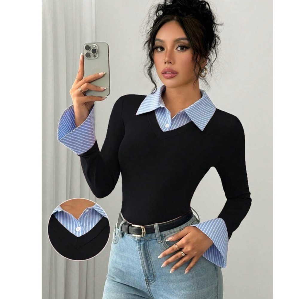 2 in 1 Blouse Sweater Collared Cuff Sleeve Stretchy Slim Fit Top
